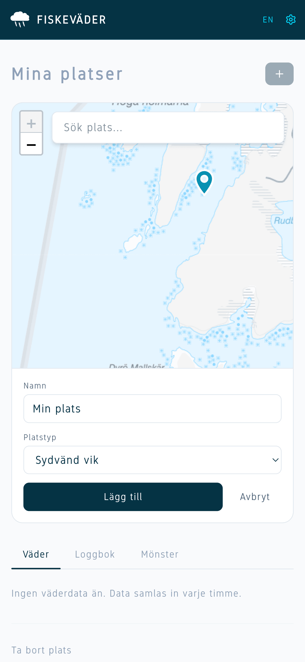 Fiskeväder-appen med en markerad fiskeplats på kartan